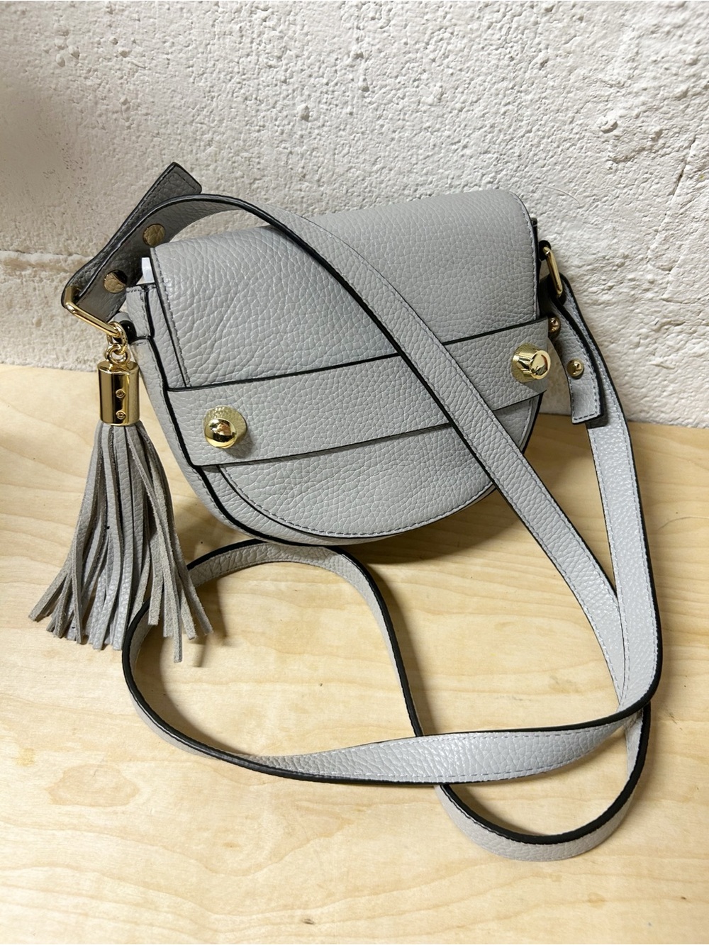 Milly Astor Light Gray Pebbled Leather Crossbody Saddle Bag with Tassel NWOT